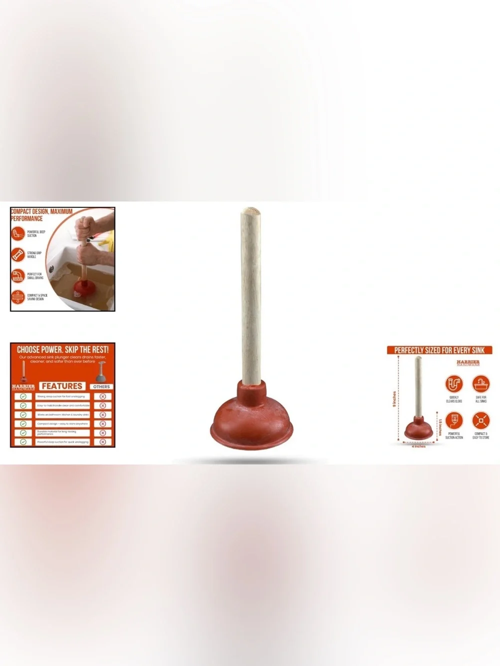 Premium 10.5in Red Sink Plunger with Wooden Handle. Small but powerful!